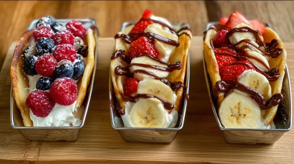 Delicious pancake tacos filled with fresh fruits and syrup on a plate