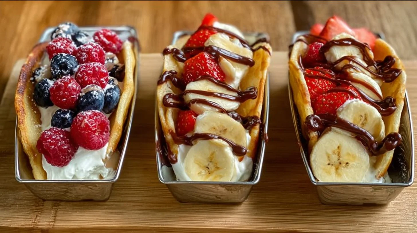 Pancake Tacos 2 Delicious pancake tacos filled with fresh fruits and syrup on a plate