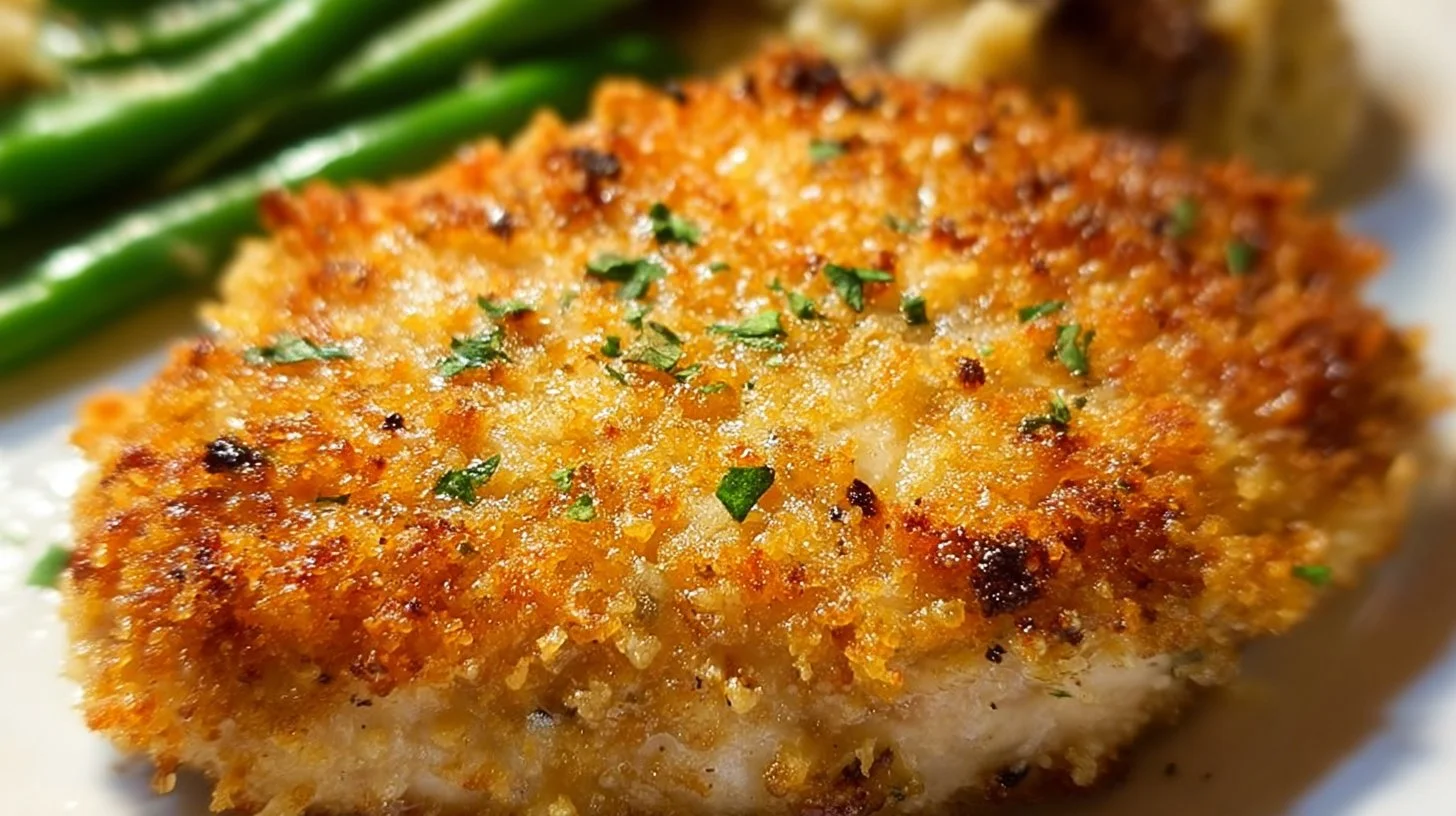 Parmesan crusted chicken topped with herbs and served with vegetables