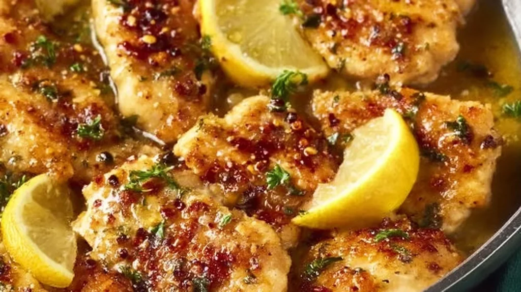 Parmesan-Crusted Chicken with lemon on a plate, garnished with herbs