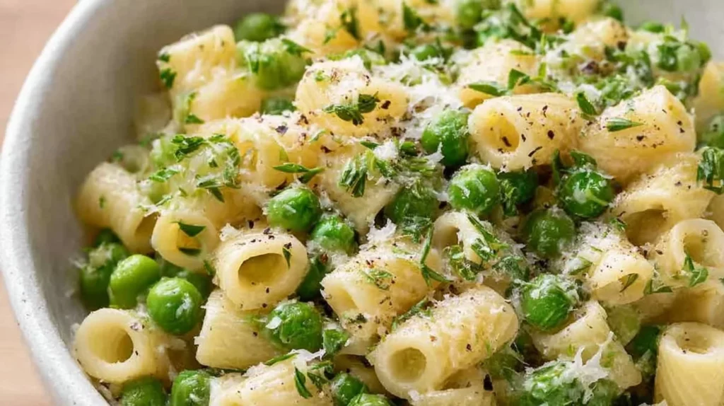 A bowl of delicious pasta peas topped with Parmesan cheese and fresh herbs