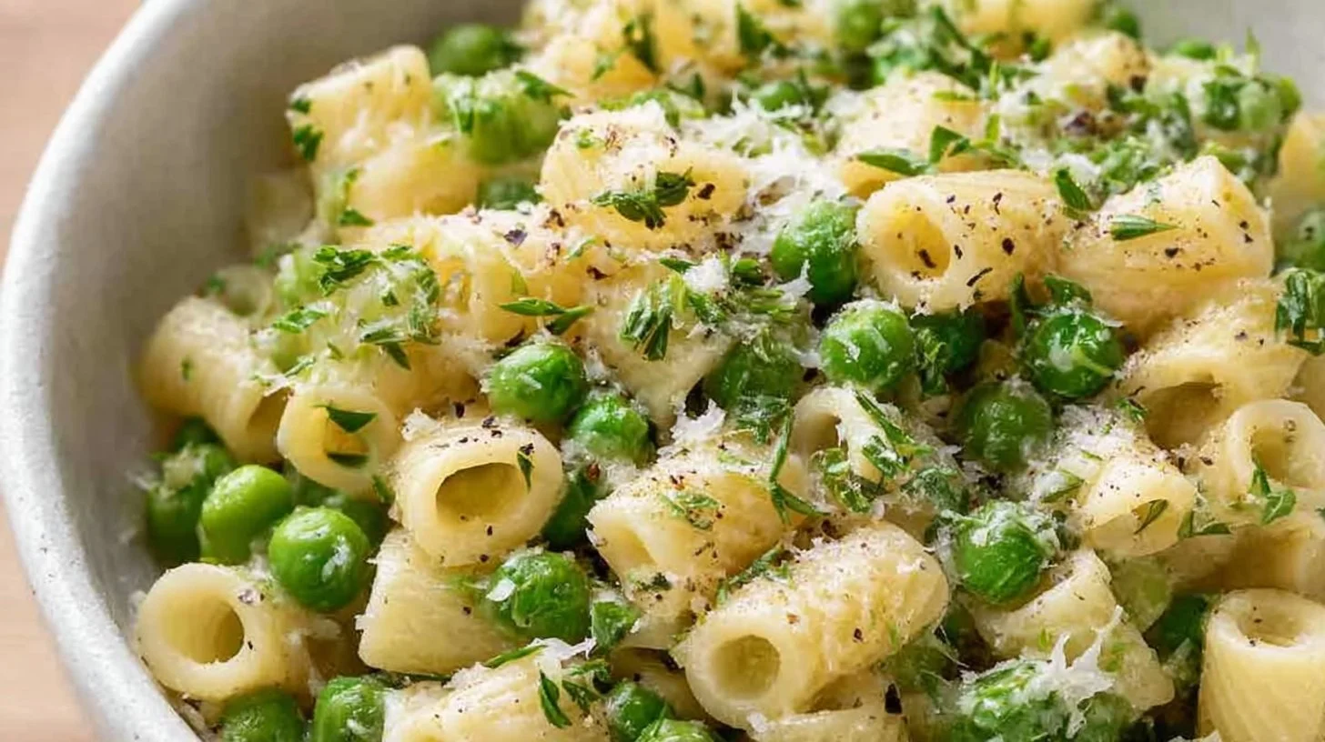 A bowl of delicious pasta peas topped with Parmesan cheese and fresh herbs
