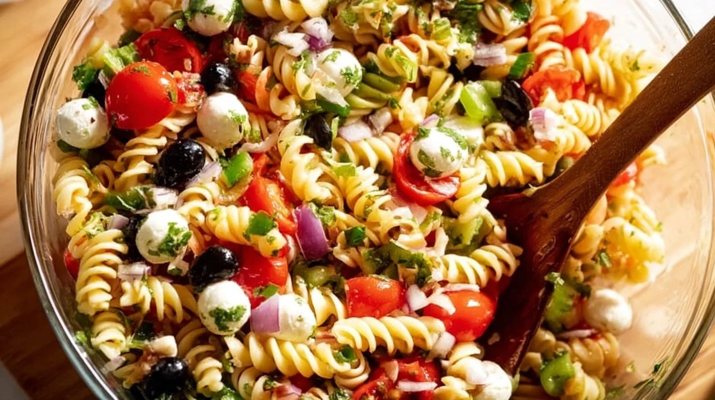Colorful pasta salad featuring Italian dressing and fresh vegetables.