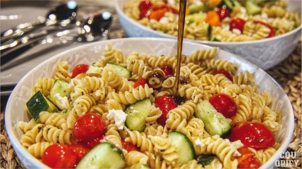Pasta Salad with Sweet Balsamic Dressing served in a bowl with colorful vegetables.