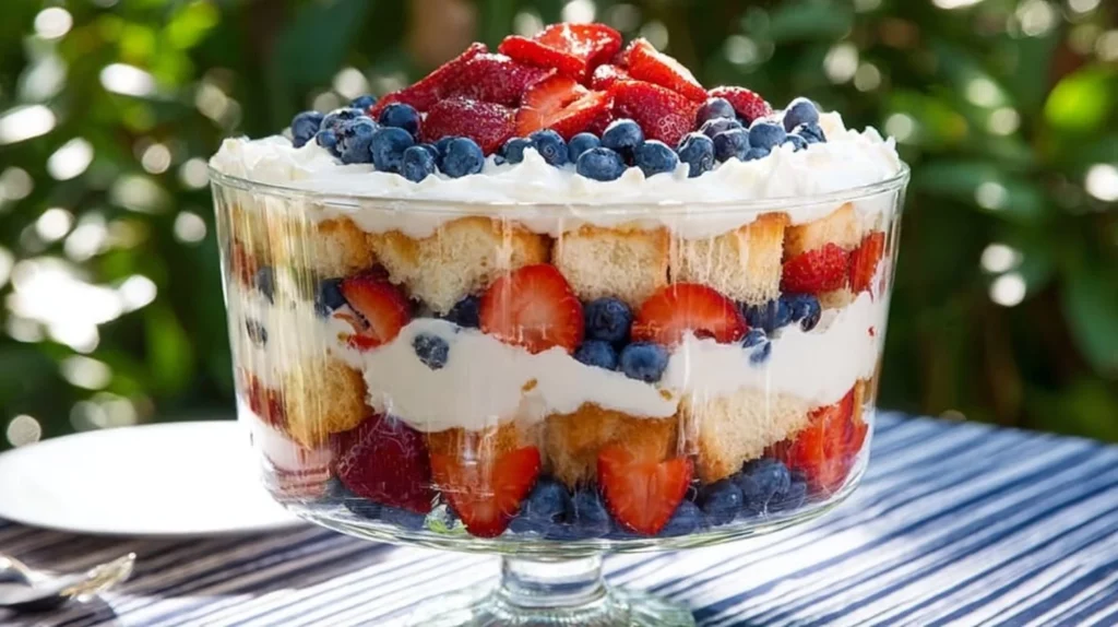 Patriotic Berry Trifle with layers of strawberries, blueberries, and cream