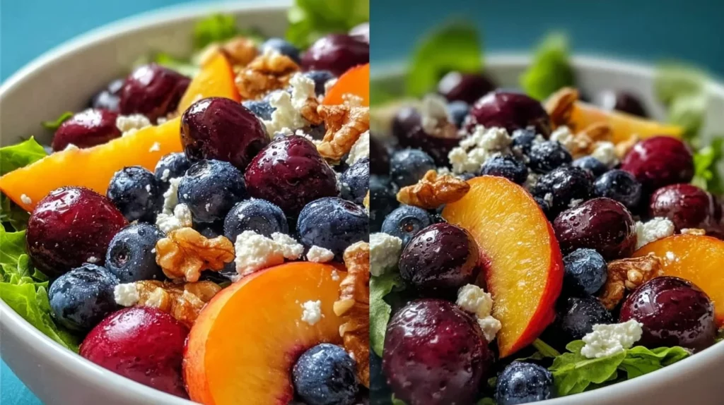 Peach and Blueberry Salad with Feta topped with fresh mint