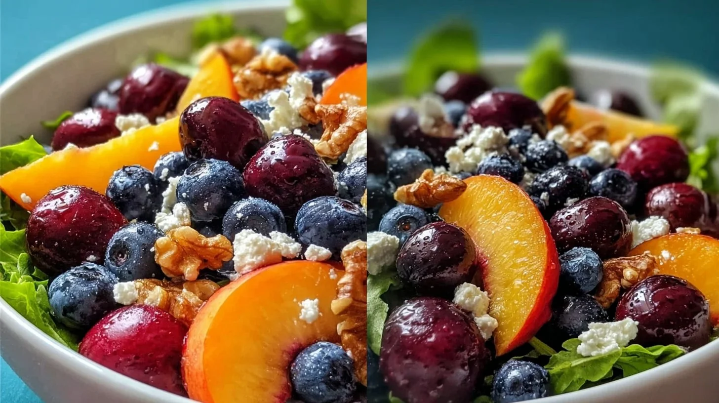Peach and Blueberry Salad with Feta topped with fresh mint
