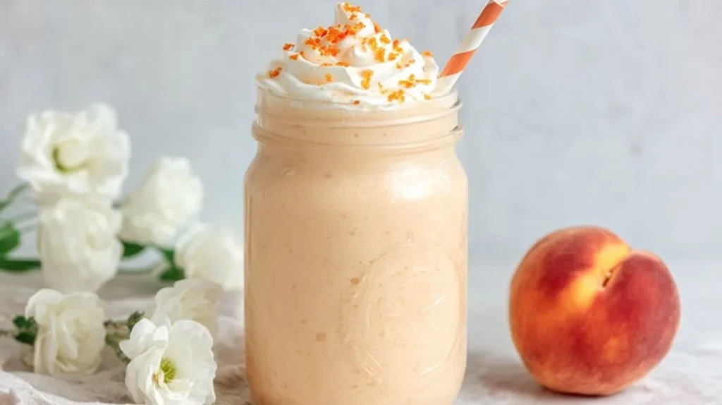 Creamy Peach Milkshake with fresh peaches and ice cream in a glass