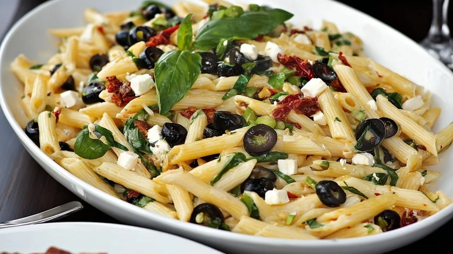 Penne Pasta Salad with Black Olives served in a bowl garnished with herbs
