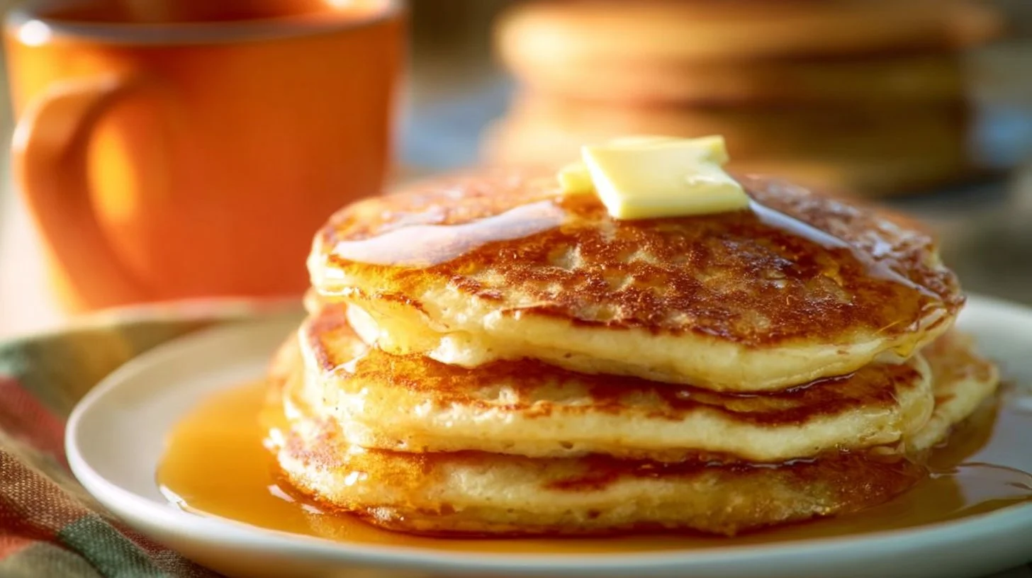Fluffy buttermilk pancakes served on a plate with syrup and berries