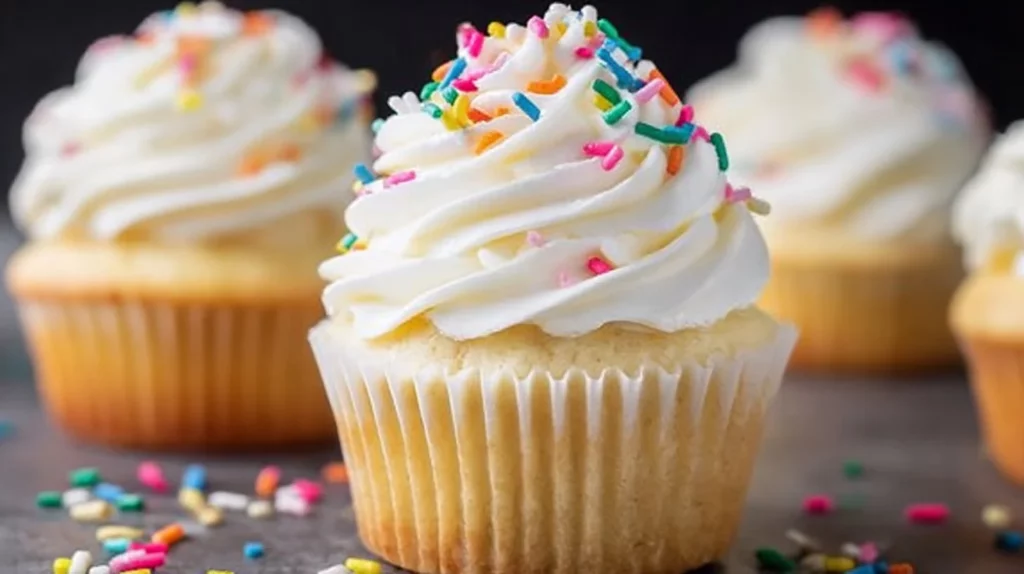 Delicious perfect vanilla cupcakes on a decorative plate