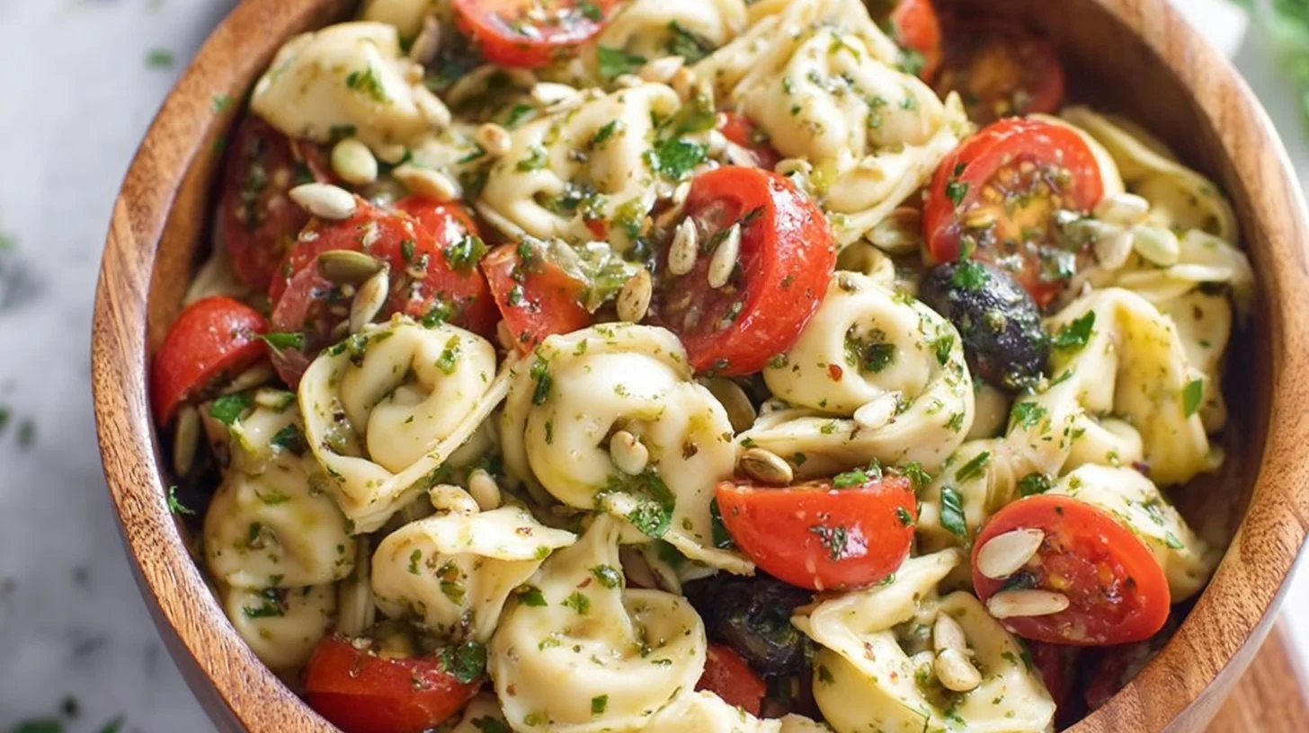 A bowl of delicious pesto tortellini topped with fresh basil and parmesan cheese