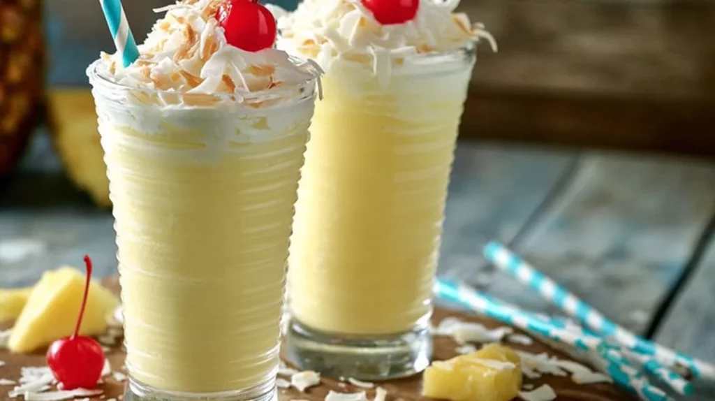 Delicious Pina Colada Milkshake topped with whipped cream and pineapple