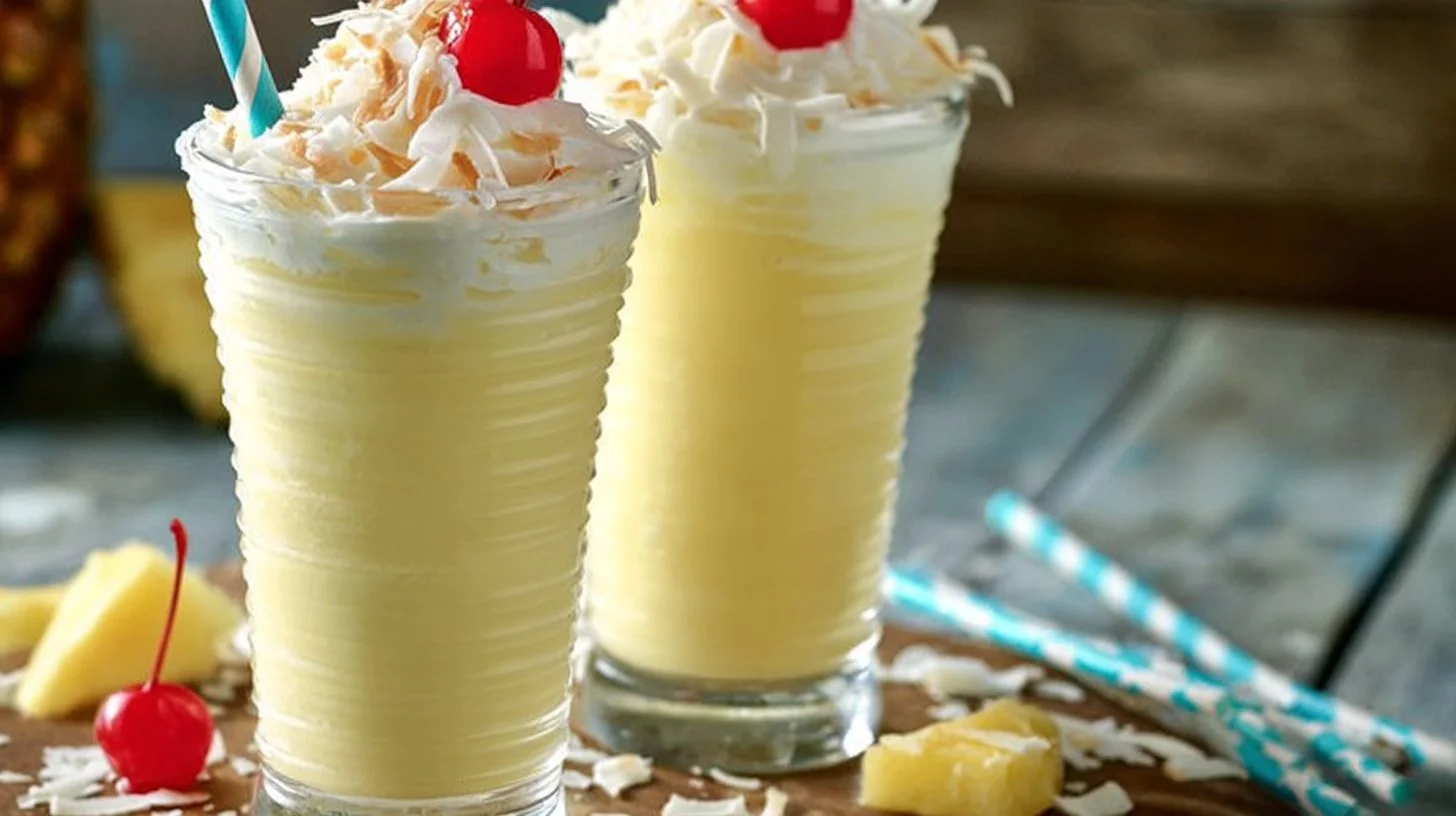Delicious Pina Colada Milkshake topped with whipped cream and pineapple