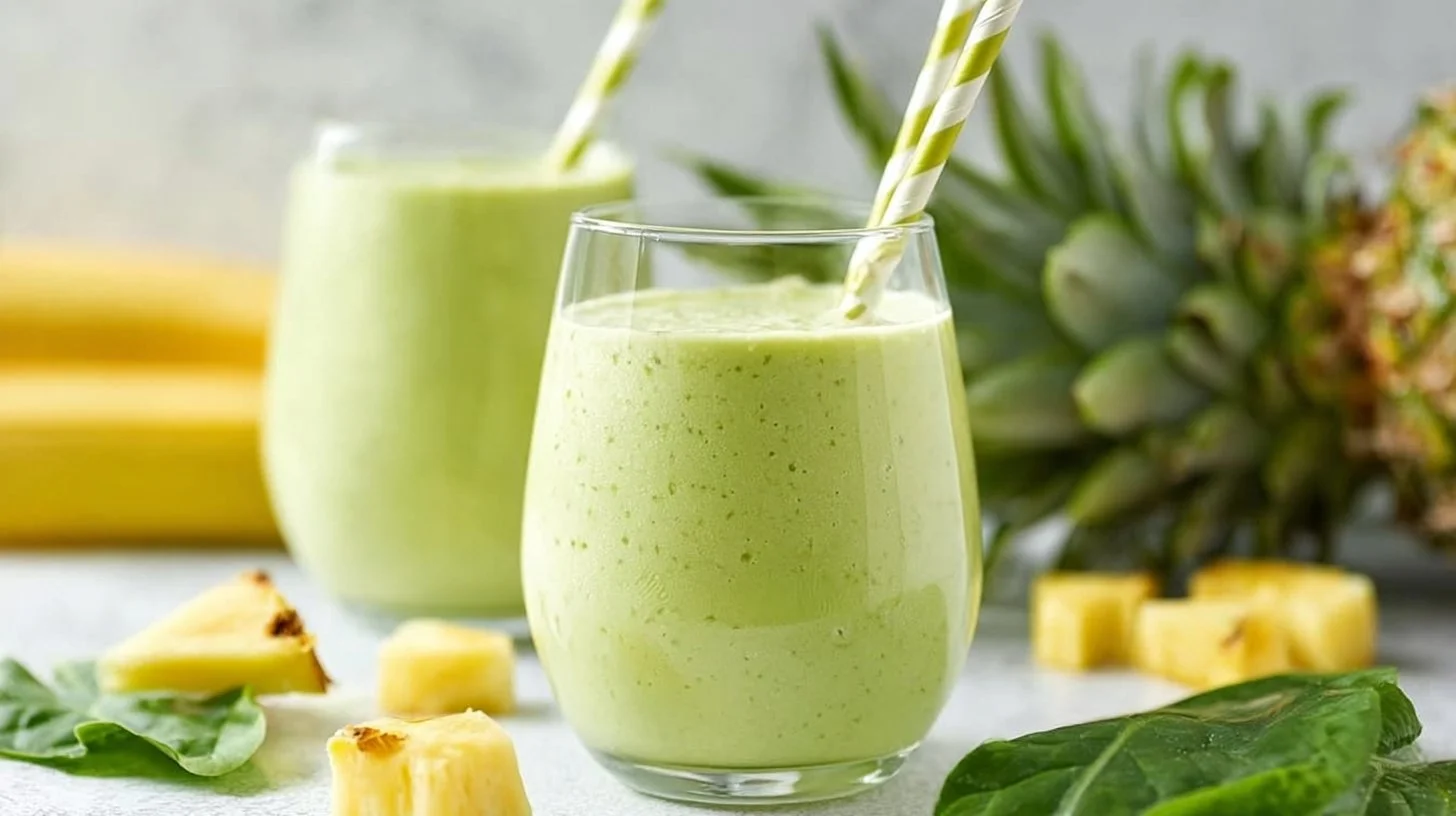 Pineapple Green Smoothie 2 Delicious pineapple green smoothie in a glass with fresh ingredients