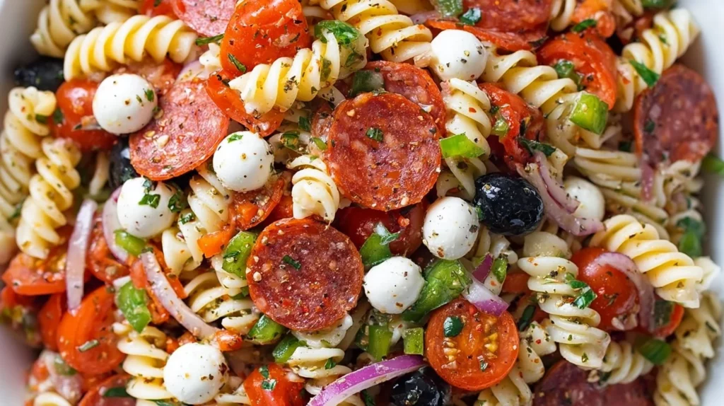 Colorful Pizza Pasta Salad with fresh vegetables and Italian flavors