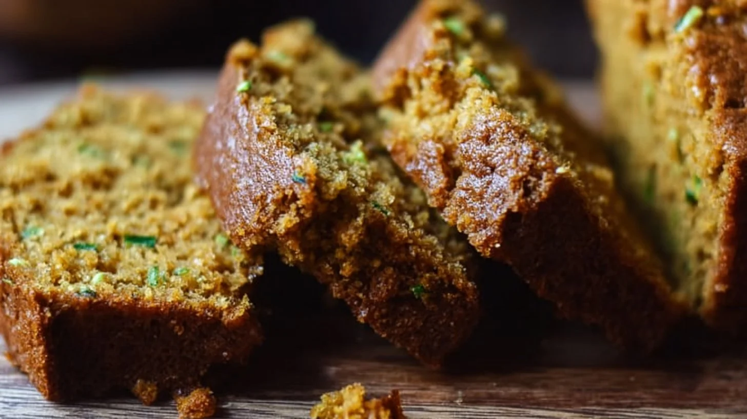 Slice of homemade pumpkin zucchini bread on a wooden cutting board.