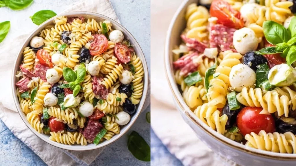 Delicious quick and easy antipasto salad with fresh vegetables and meats