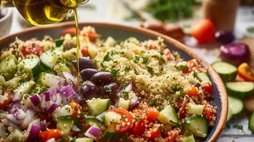 Delicious Quinoa Greek Salad with fresh vegetables, feta cheese, and olive oil