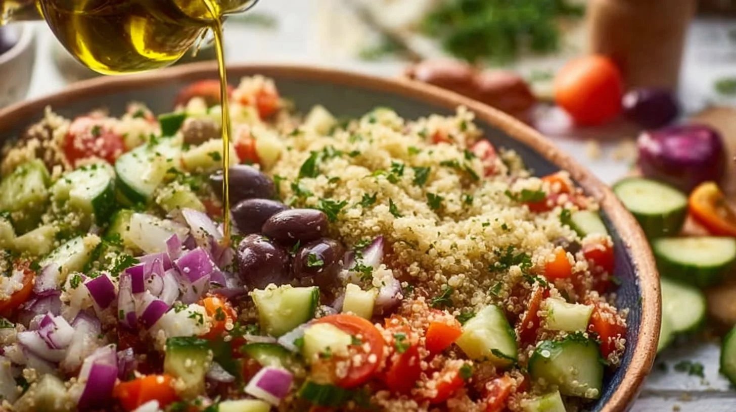 Delicious Quinoa Greek Salad with fresh vegetables, feta cheese, and olive oil