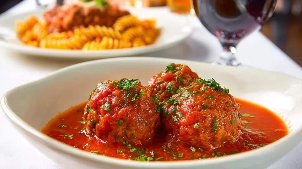 Plate of Rao's famous meatballs served with marinara sauce.