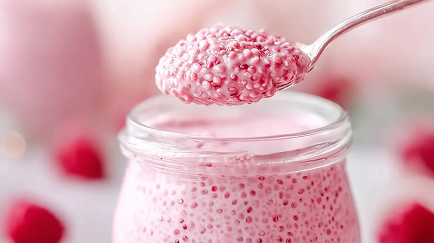 Delicious raspberry chia pudding topped with fresh berries and maple syrup