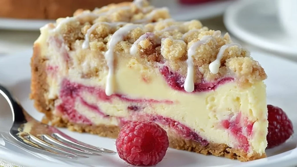 Slice of Raspberry Coffee Cake served on a plate