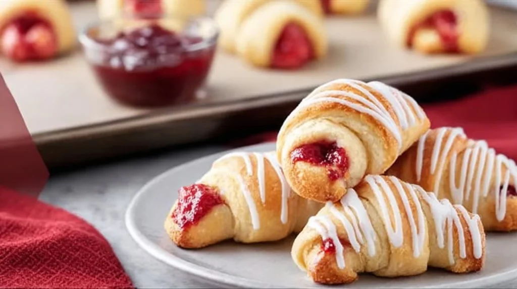 Freshly baked Raspberry Crescent Rolls on a wooden table