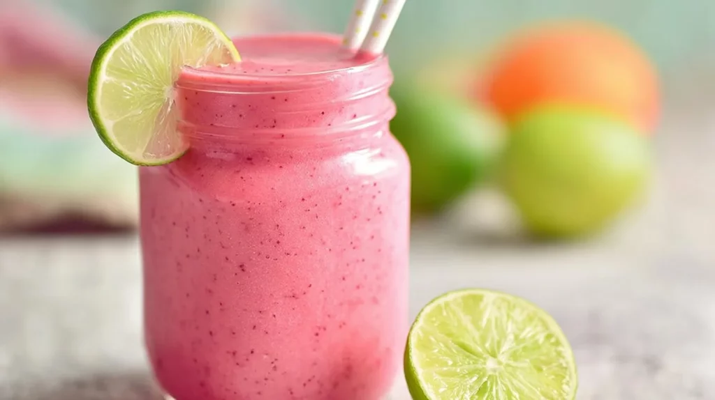 Refreshing Raspberry Lime Smoothie in a glass with fresh raspberries and lime slices