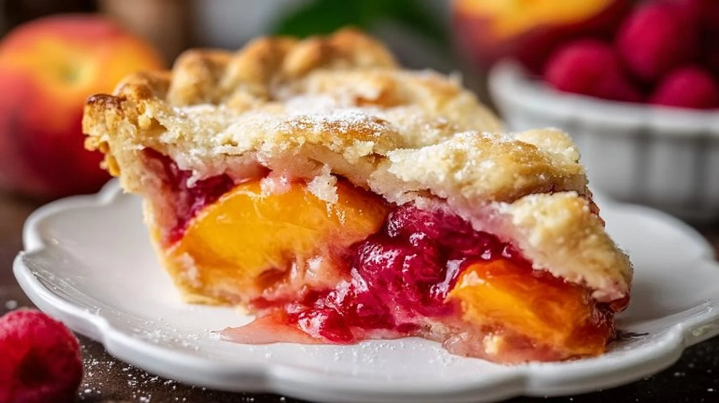 Delicious raspberry peach pie with golden crust and vibrant filling