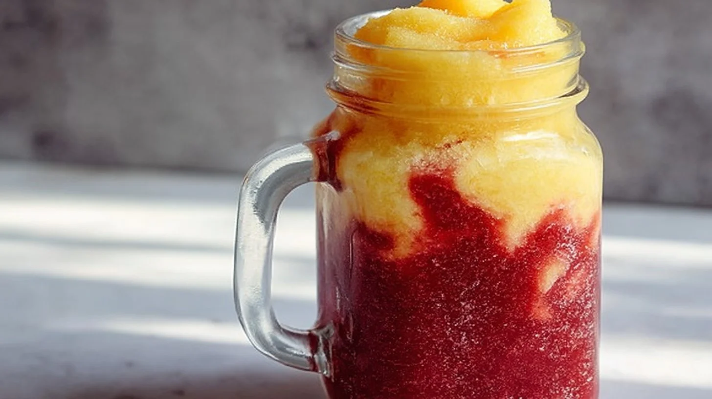 Bright Raspberry Peach Smoothie in a glass with fresh fruit
