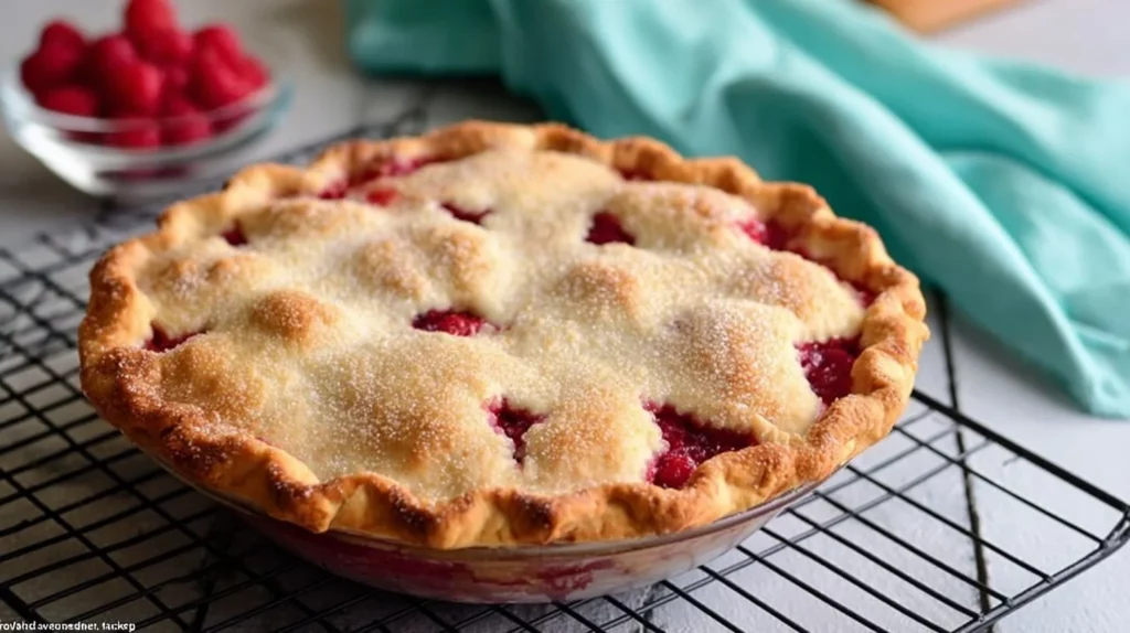 Delicious homemade Raspberry Pie on a wooden table with fresh raspberries