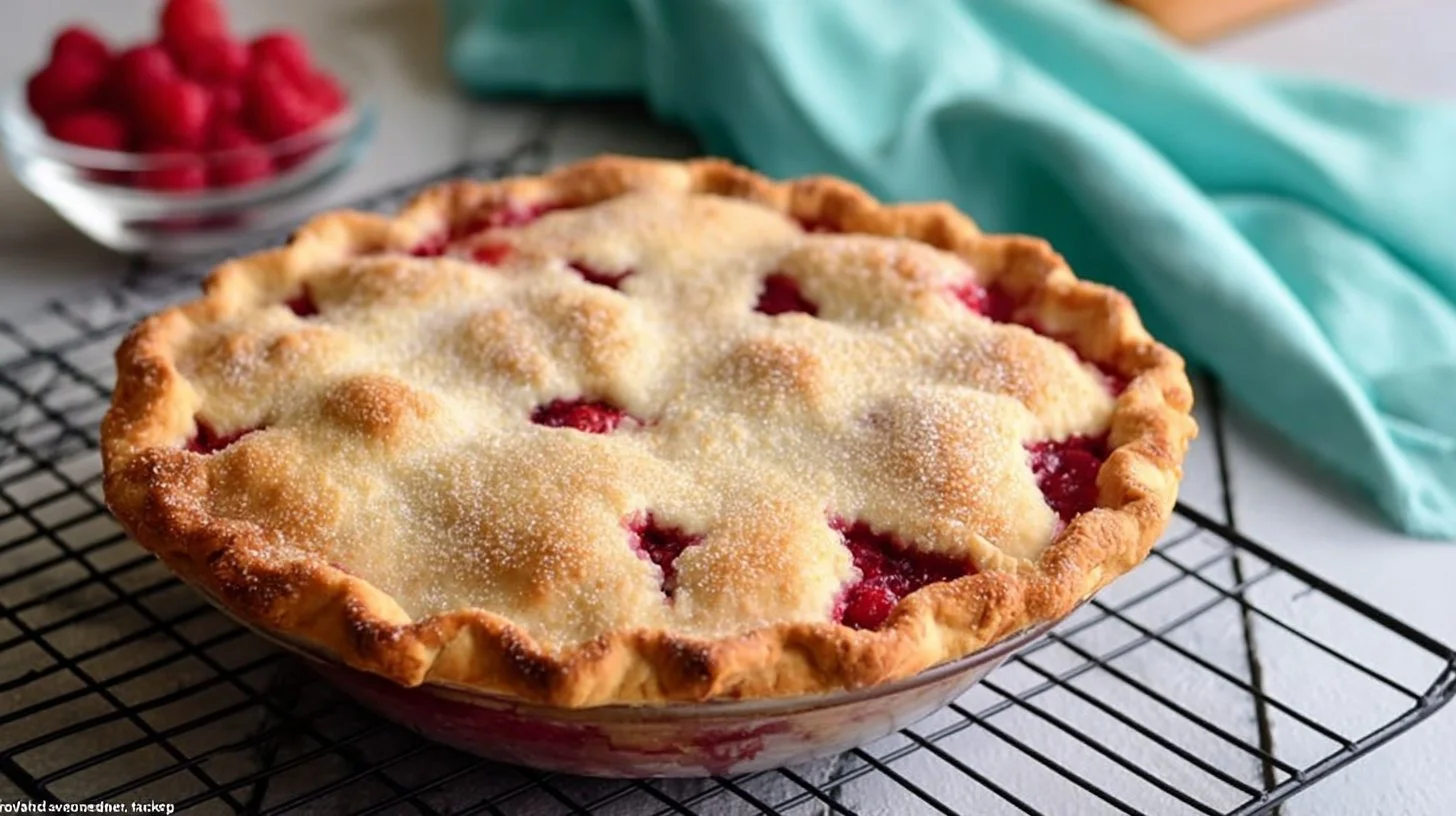 Delicious homemade Raspberry Pie on a wooden table with fresh raspberries