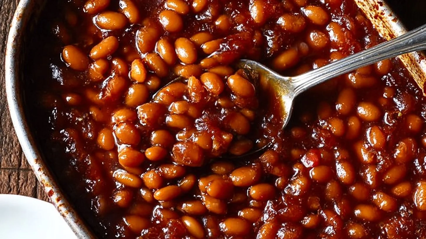 Delicious plate of rich baked beans garnished with herbs