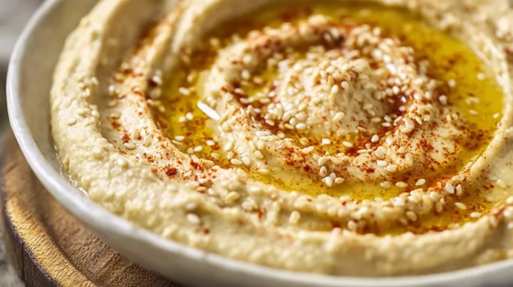 Bowl of roasted garlic hummus garnished with olive oil and herbs