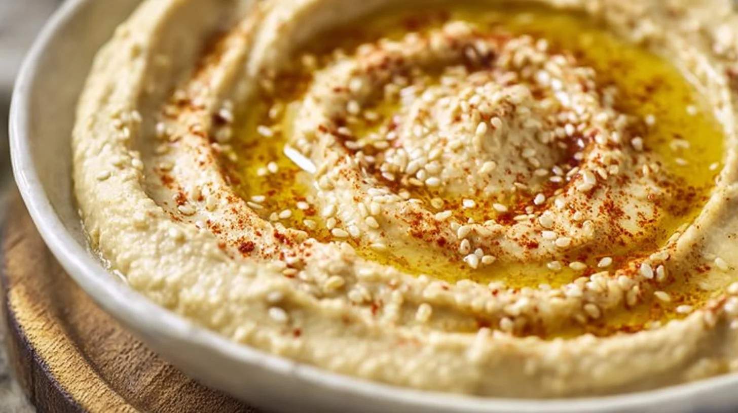 Bowl of roasted garlic hummus garnished with olive oil and herbs