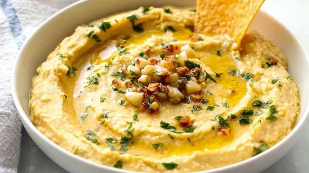 Bowl of delicious roasted garlic hummus served with fresh veggies