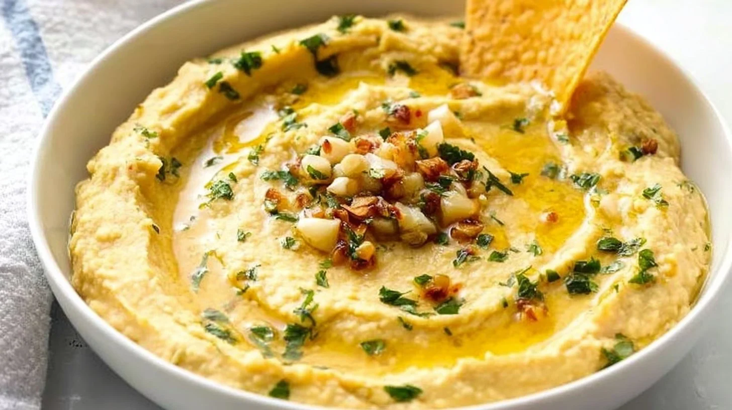 Bowl of delicious roasted garlic hummus served with fresh veggies