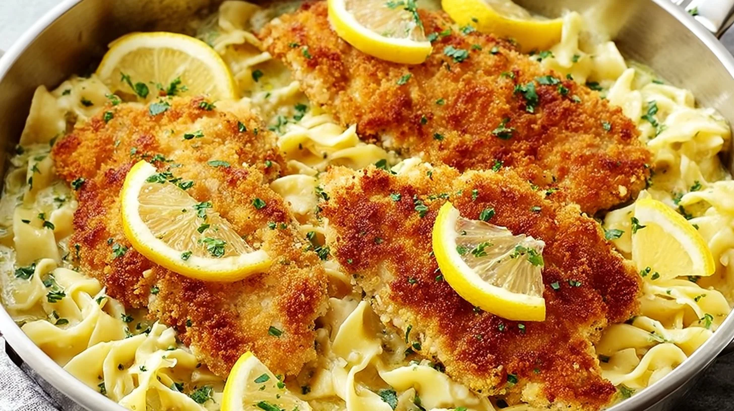 Plate of Romano Chicken served with lemon garlic pasta, garnished with herbs.