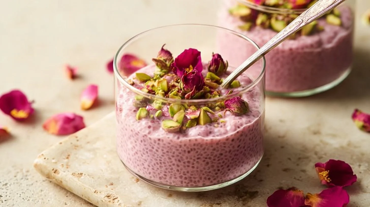 Rose Cardamom Chia Pudding topped with rose petals and nuts