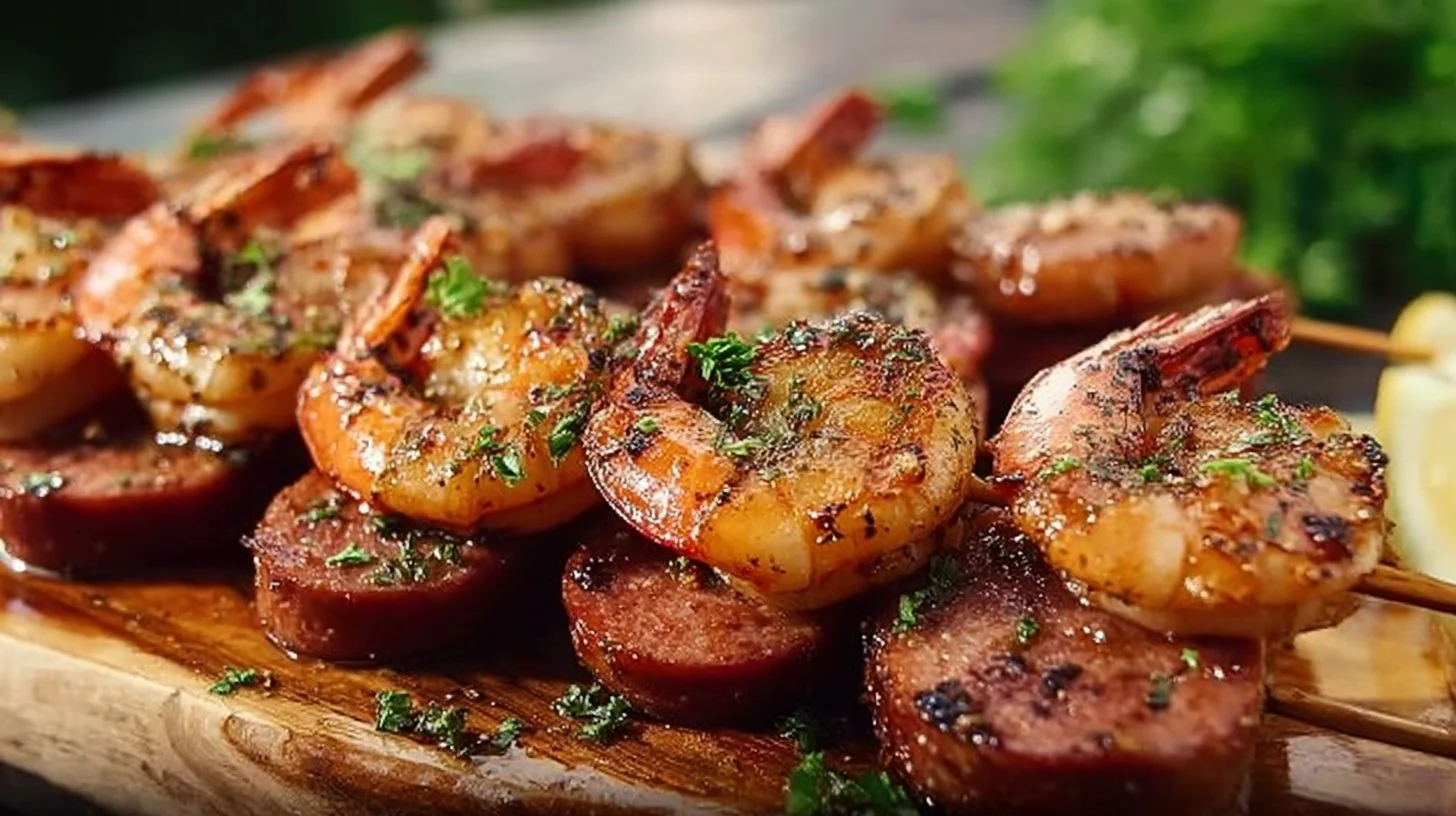 Delicious Sausage & Shrimp Kabobs on a grill, perfect for summer meals.
