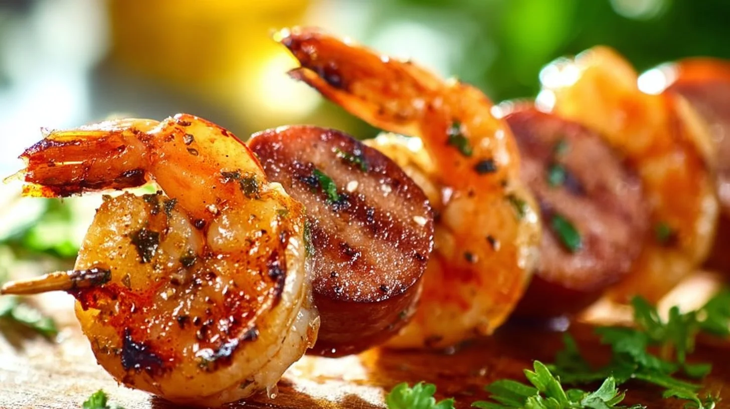 Grilled Sausage and Shrimp Kebabs served on skewers with bell peppers