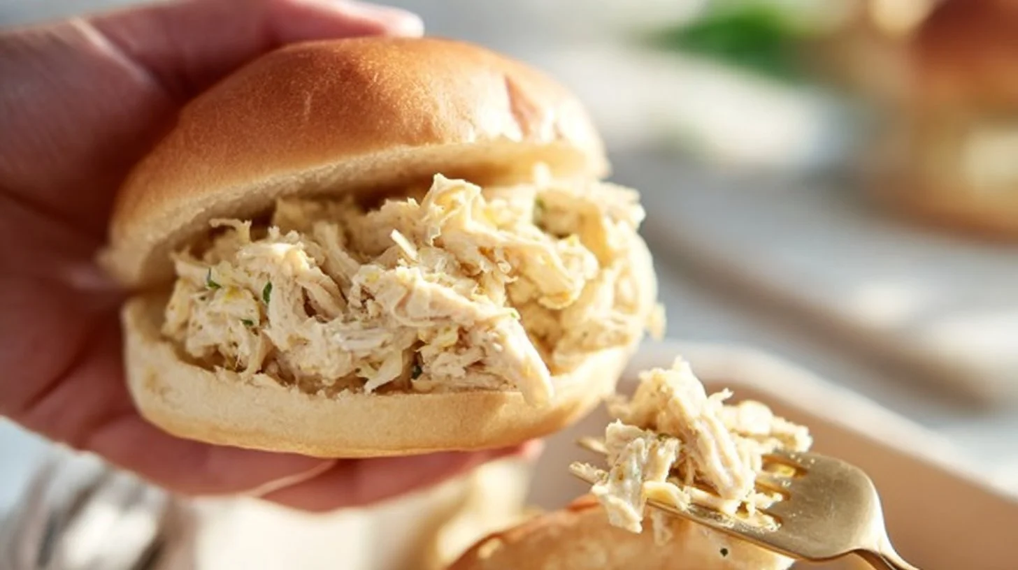 Shredded Chicken Sandwich 2 Delicious shredded chicken sandwich served on a brioche bun with fresh toppings