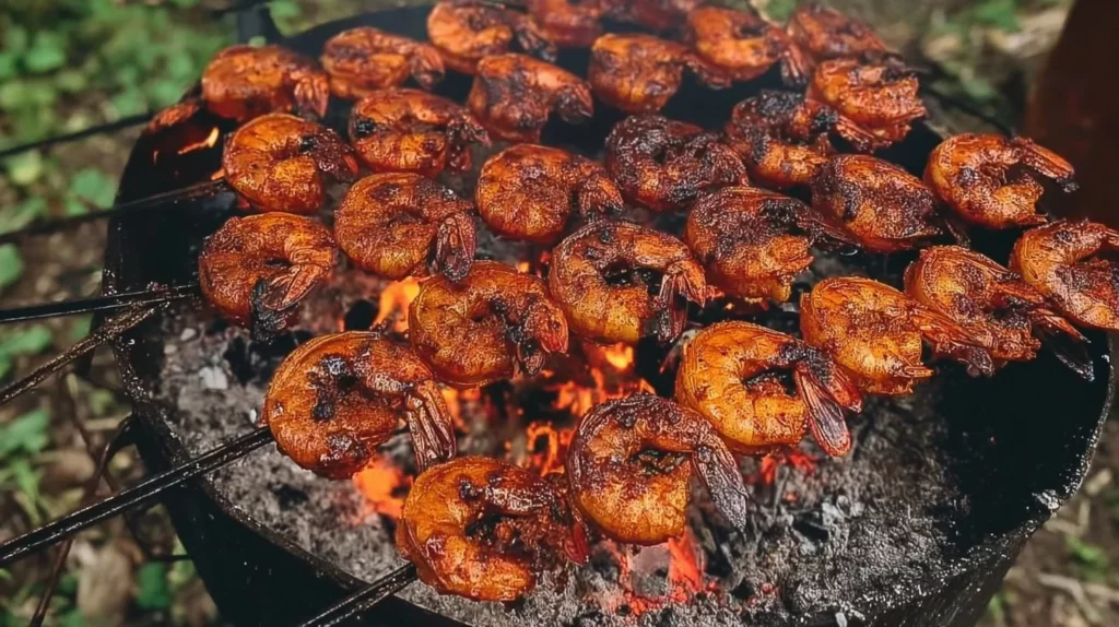 Grilled Shrimp and Sausage Skewers served on a plate with herbs and spices.