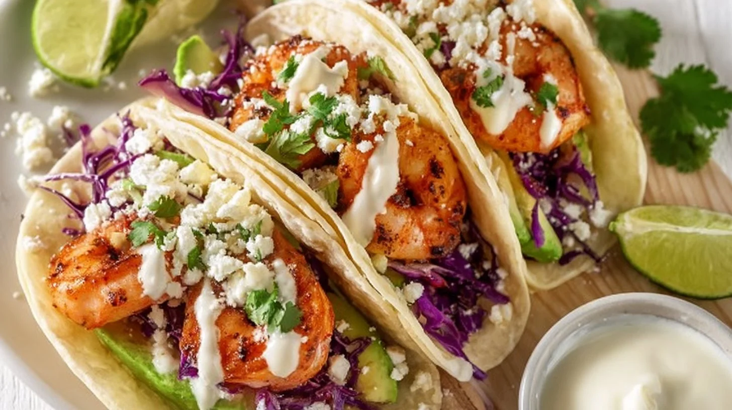 Shrimp Tacos with Garlic Lime Crema 2 Shrimp tacos garnished with garlic lime crema and fresh ingredients