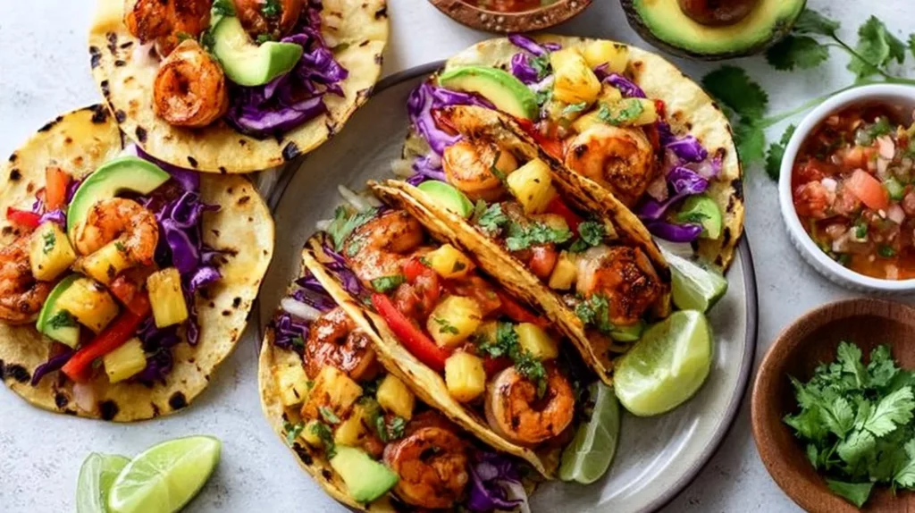Delicious shrimp tacos topped with grilled pineapple salsa