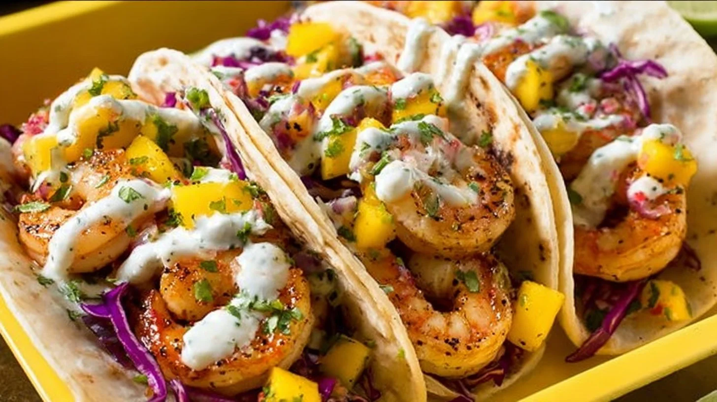 Delicious shrimp tacos topped with fresh mango salsa on a wooden plate.