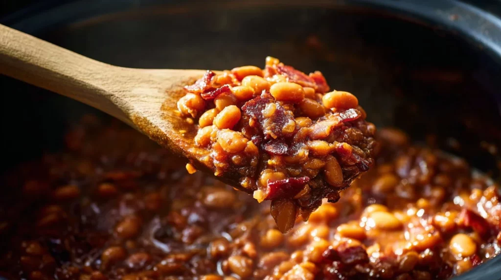 Delicious slow cooker bourbon baked beans served on a rustic table.