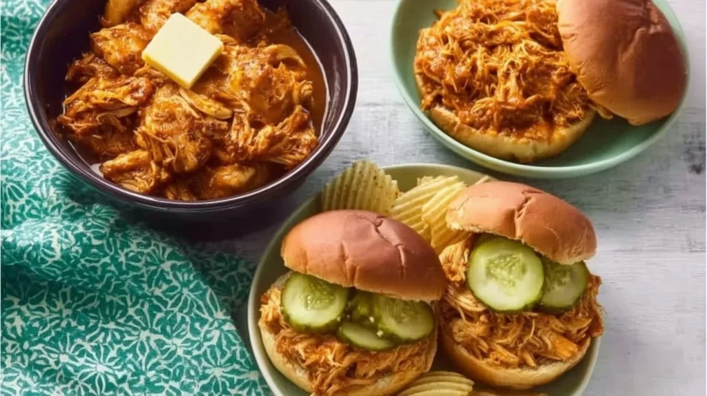 Slow Cooker Hot Honey Chicken Sandwich topped with slaw on a wooden board