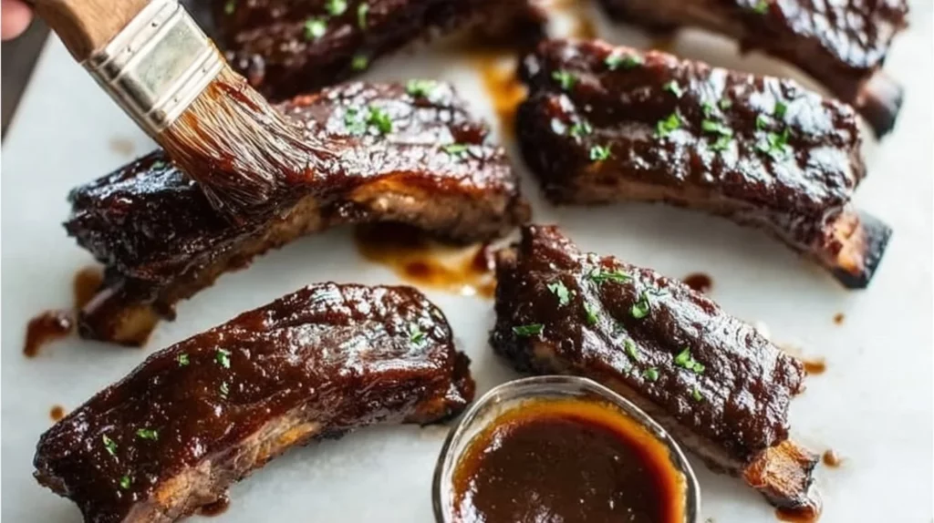 Delicious slow cooker ribs with homemade barbecue sauce served on a plate